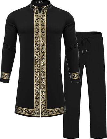 Mens African 2 Piece Set Nigerian Dashiki Shirt and Pants Outfit Gold Metallic Traditional Suit for Wedding Party Vacation in Saudi Arabia