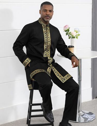 Mens African 2 Piece Set Nigerian Dashiki Shirt and Pants Outfit Gold Metallic Traditional Suit for Wedding Party Vacation in Saudi Arabia