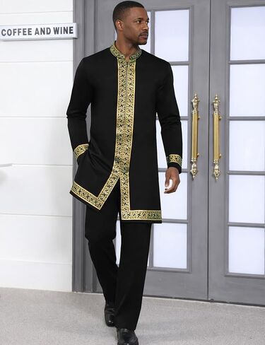 Mens African 2 Piece Set Nigerian Dashiki Shirt and Pants Outfit Gold Metallic Traditional Suit for Wedding Party Vacation in Saudi Arabia