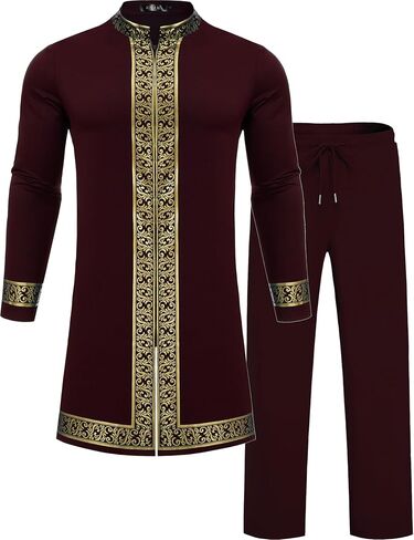 Mens African 2 Piece Set Nigerian Dashiki Shirt and Pants Outfit Gold Metallic Traditional Suit for Wedding Party Vacation in Saudi Arabia