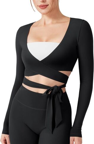 YEOREO Wrap Long Sleeve Cropped Top for Women Workout Pilates Ballet Tie Shirt for Dance Yoga Active Blouses in Saudi Arabia