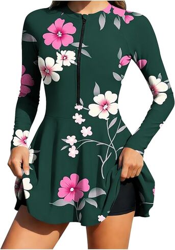 Womens 2 Piece Swim Dress Long Sleeve Rash Guard with Half Zipper Stand Collar Matching Swim Trunks Athletic Swimwear in Saudi Arabia