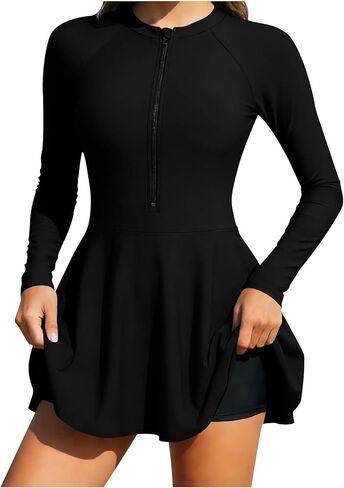 Womens 2 Piece Swim Dress Long Sleeve Rash Guard with Half Zipper Stand Collar Matching Swim Trunks Athletic Swimwear in Saudi Arabia