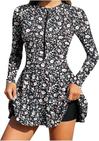 Womens 2 Piece Swim Dress Long Sleeve Rash Guard with Half Zipper Stand Collar Matching Swim Trunks Athletic Swimwear in Saudi Arabia
