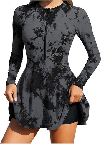 Womens 2 Piece Swim Dress Long Sleeve Rash Guard with Half Zipper Stand Collar Matching Swim Trunks Athletic Swimwear in Saudi Arabia