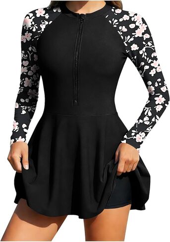 Womens 2 Piece Swim Dress Long Sleeve Rash Guard with Half Zipper Stand Collar Matching Swim Trunks Athletic Swimwear in Saudi Arabia