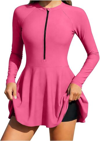 Womens 2 Piece Swim Dress Long Sleeve Rash Guard with Half Zipper Stand Collar Matching Swim Trunks Athletic Swimwear in Saudi Arabia