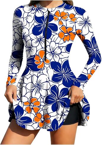 Womens 2 Piece Swim Dress Long Sleeve Rash Guard with Half Zipper Stand Collar Matching Swim Trunks Athletic Swimwear in Saudi Arabia