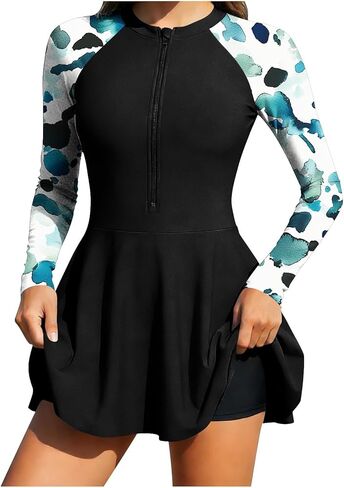 Womens 2 Piece Swim Dress Long Sleeve Rash Guard with Half Zipper Stand Collar Matching Swim Trunks Athletic Swimwear in Saudi Arabia