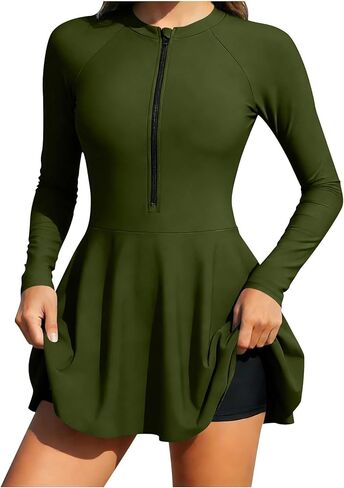 Womens 2 Piece Swim Dress Long Sleeve Rash Guard with Half Zipper Stand Collar Matching Swim Trunks Athletic Swimwear in Saudi Arabia