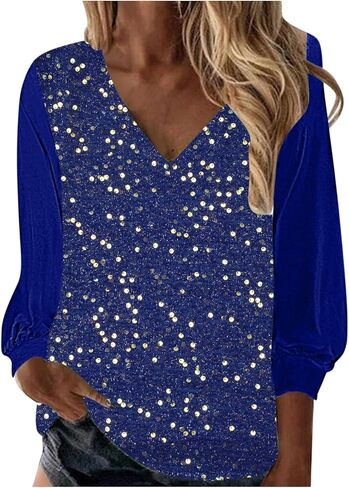 Womens Sparkle Velvet Top Long Sleeve V-Neck Sequin Blouse for Evening Party Casual Dressy Vintage Patchwork Shirts in Saudi Arabia