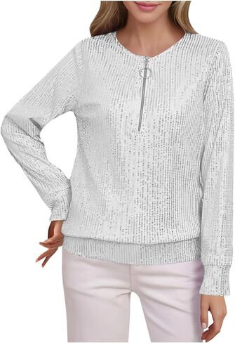 قطع علوية نسائية مطرزة بالترتر قمصان ليلية أنيقة للحفلات المسائية سباركلي 1/4 بسحاب بياقة دائرية بلوفر للربيع والخريف والشتاء زي سيون in Kuwait