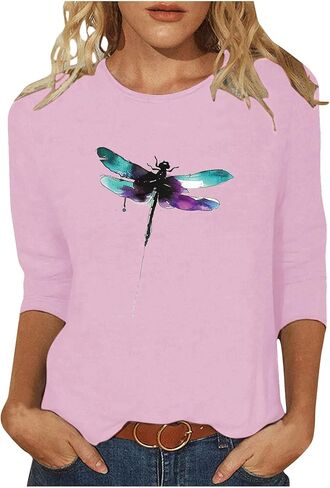 3/4 Sleeve Shirts for Women Crew Neck Dragonfly Graphic Blouse Cute Boho Casual Cottagecore Tops Plus Size Funny Tees in Saudi Arabia