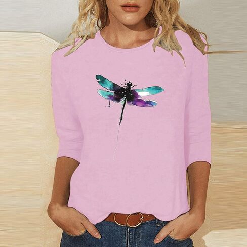 3/4 Sleeve Shirts for Women Crew Neck Dragonfly Graphic Blouse Cute Boho Casual Cottagecore Tops Plus Size Funny Tees in Saudi Arabia