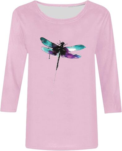 3/4 Sleeve Shirts for Women Crew Neck Dragonfly Graphic Blouse Cute Boho Casual Cottagecore Tops Plus Size Funny Tees in Saudi Arabia