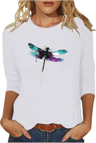 3/4 Sleeve Shirts for Women Crew Neck Dragonfly Graphic Blouse Cute Boho Casual Cottagecore Tops Plus Size Funny Tees in Saudi Arabia
