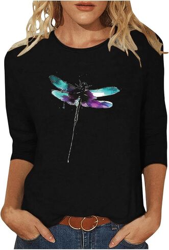 3/4 Sleeve Shirts for Women Crew Neck Dragonfly Graphic Blouse Cute Boho Casual Cottagecore Tops Plus Size Funny Tees in Saudi Arabia