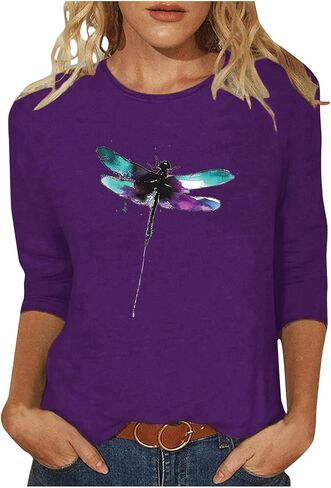 3/4 Sleeve Shirts for Women Crew Neck Dragonfly Graphic Blouse Cute Boho Casual Cottagecore Tops Plus Size Funny Tees in Saudi Arabia