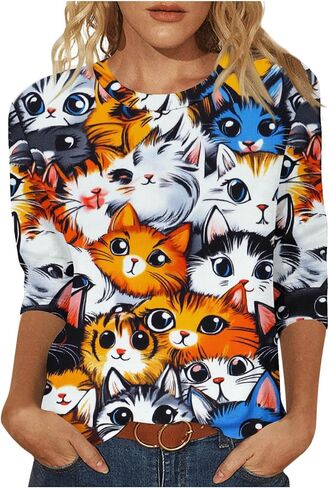 Cat Lover T-Shirt Women's 3/4 Sleeve Tops Fashion Cute Cats Print Blouses Funny Graphic Crewneck Tees Junior Clothes in Saudi Arabia