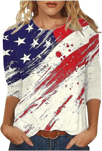 4th of July Tops for Women American Flag Print 3/4 Sleeve Shirt Memorial Day Gift Casual Loose Plus Size Patriotic Tee in Saudi Arabia