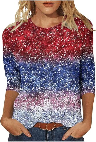 USA Flag Shirt Womens Plus Size 3/4 Length Sleeve Tops Red White and Blue Tops Summer Blouses Lightweight Gift Clothes in Saudi Arabia