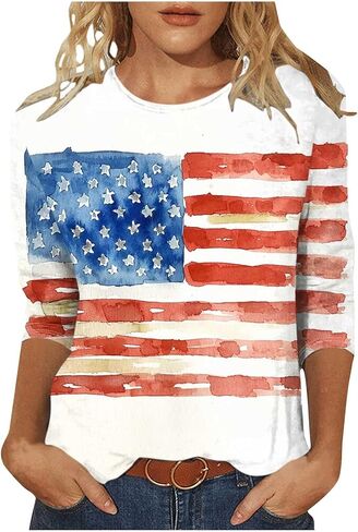 Striped Stars Tshirts for Womens Summer 3/4 Sleeve Blouse Red White and Blue Patriotic Tee 4th of July Tops Plus Size in Saudi Arabia