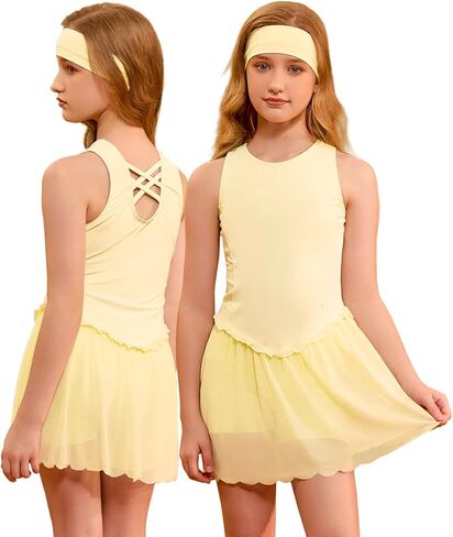 Perfashion Girls Tennis Dress Athletic Golf Outfit Ballet Cross-Back& Mesh Scalloped Hem with Built-in Shorts 4-13Y in Saudi Arabia
