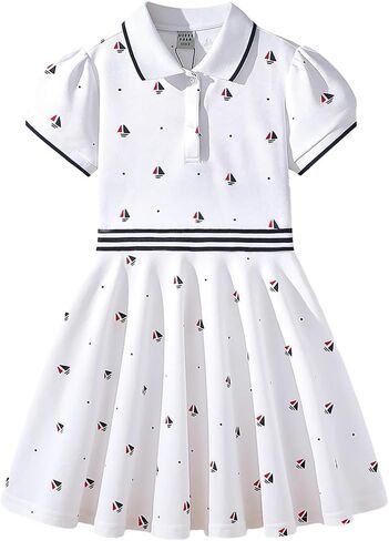 Girls Polo Dress with Sailboat Print, White Short Sleeve Pleated Dress with Collar, Ages 5-12 in Saudi Arabia