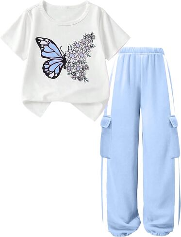 Girls 2 Piece Outfits Kids Short Sleeve T-Shirt Top Cargo Pants Sweatsuit Tracksuit Jogger Sweatpants Sets 4-13Y in Kuwait