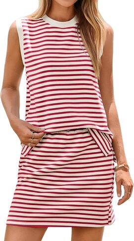 Glamaker Summer 2 Piece Short Skirt Sets For Women Striped Sleeveless Tennis Skorts Travel Vacation Outfit 2026 in Saudi Arabia