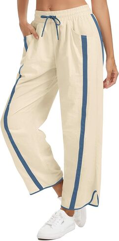 Women's Wide Leg Track Pants Baggy Drawstring High Rise Side Striped Casual Lightweight Parachute Pants with Pockets in Saudi Arabia