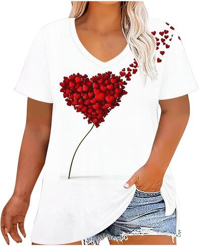 Heart Print Shirts for Women Plus Size V Neck Tops for Curvy Women Couple Valentine Holiday Dating Going Out Clothe in Saudi Arabia