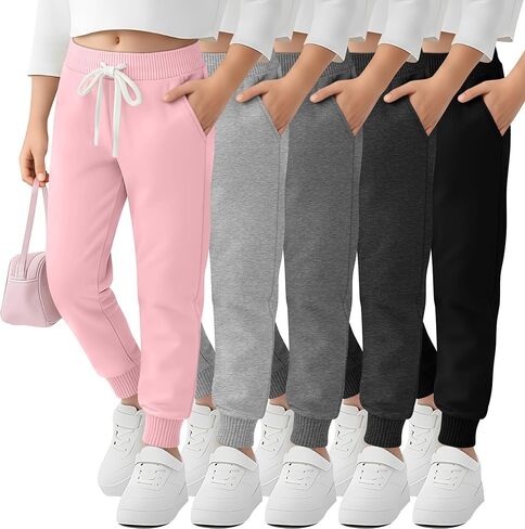 5 Pack Girls Jogger Sweatpants Lounge Drawstring Kids Sweat Pants Casual Lightweight Athletic Pants with Pockets in Saudi Arabia