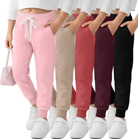 5 Pack Girls Jogger Sweatpants Lounge Drawstring Kids Sweat Pants Casual Lightweight Athletic Pants with Pockets in Saudi Arabia