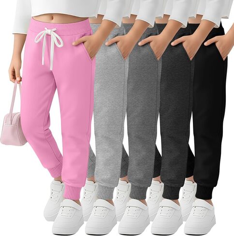 5 Pack Girls Jogger Sweatpants Lounge Drawstring Kids Sweat Pants Casual Lightweight Athletic Pants with Pockets in Saudi Arabia