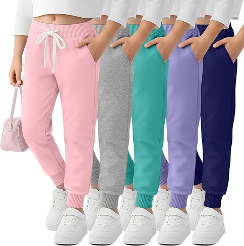 5 Pack Girls Jogger Sweatpants Lounge Drawstring Kids Sweat Pants Casual Lightweight Athletic Pants with Pockets in Saudi Arabia