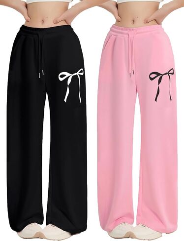 EXARUS بنات Bowknot Sweatpants فضفاض واسعة الساق عرق السراويل في سن المراهقة مع جيوب منتصف الارتفاع عارضة للأطفال 8-14Y in Kuwait