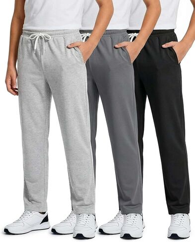 Real Essentials 3 Pack: Boys' French Terry Open Bottom Sweatpants Sweats for School Kids Teens with Pockets (Size 4-18) in Saudi Arabia