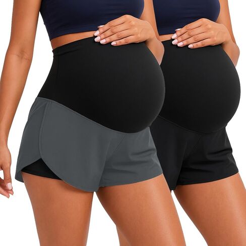 Coume 2 Pack Women's Maternity Shorts Over Belly Workout Yoga Athletic Running Quick Dry Pregnancy Summer Shorts with Pocket in Saudi Arabia