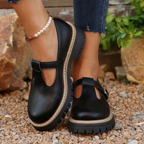 Women's Lug Sole T-Strap Mary Jane Shoes Retro Leather Round Toe Platform Block Heel Anti-Slip Mary Jane Oxford Shoes with Adjust Buckle Strap for Casual School Uniforms in Saudi Arabia