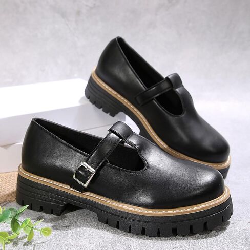 Women's Lug Sole T-Strap Mary Jane Shoes Retro Leather Round Toe Platform Block Heel Anti-Slip Mary Jane Oxford Shoes with Adjust Buckle Strap for Casual School Uniforms in Saudi Arabia
