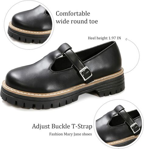 Women's Lug Sole T-Strap Mary Jane Shoes Retro Leather Round Toe Platform Block Heel Anti-Slip Mary Jane Oxford Shoes with Adjust Buckle Strap for Casual School Uniforms in Saudi Arabia