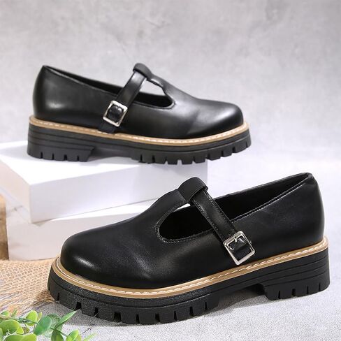 Women's Lug Sole T-Strap Mary Jane Shoes Retro Leather Round Toe Platform Block Heel Anti-Slip Mary Jane Oxford Shoes with Adjust Buckle Strap for Casual School Uniforms in Saudi Arabia
