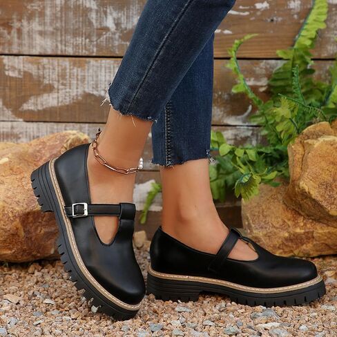 Women's Lug Sole T-Strap Mary Jane Shoes Retro Leather Round Toe Platform Block Heel Anti-Slip Mary Jane Oxford Shoes with Adjust Buckle Strap for Casual School Uniforms in Saudi Arabia