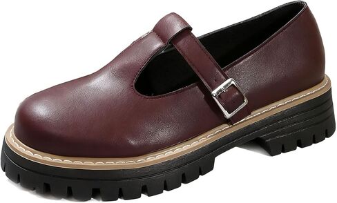Women's Lug Sole T-Strap Mary Jane Shoes Retro Leather Round Toe Platform Block Heel Anti-Slip Mary Jane Oxford Shoes with Adjust Buckle Strap for Casual School Uniforms in Saudi Arabia
