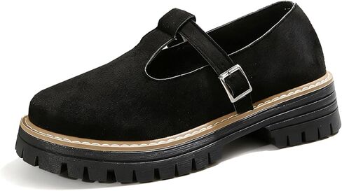 Women's Lug Sole T-Strap Mary Jane Shoes Retro Leather Round Toe Platform Block Heel Anti-Slip Mary Jane Oxford Shoes with Adjust Buckle Strap for Casual School Uniforms in Saudi Arabia