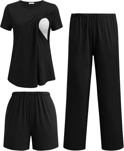 Ekouaer 3 Piece Maternity Pajamas Set Postpartum Nursing Short Sleeve Breastfeeding Sleepwear Pregnancy Shorts & Pants Pjs in Saudi Arabia