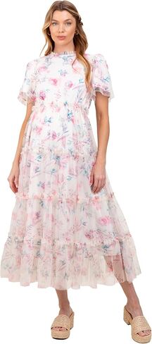 PinkBlush Floral Mesh Ruffle Tiered Maternity Midi Dress in Saudi Arabia
