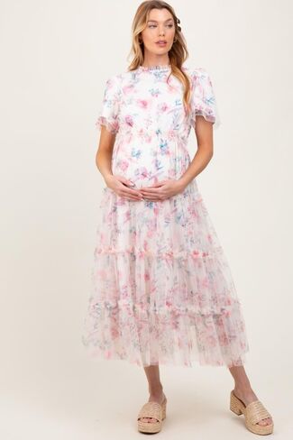 PinkBlush الأزهار شبكة كشكش الطبقات فستان ميدي الأمومة in Kuwait