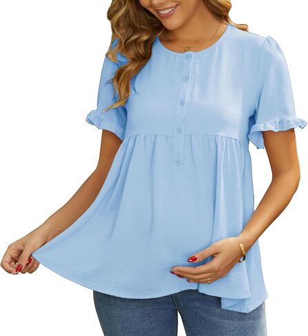 Women's Maternity Tops Ruffle Casual Short Sleeve Blouse Round Button Up Flowy Babydoll Loose Peplum Shirts in Saudi Arabia